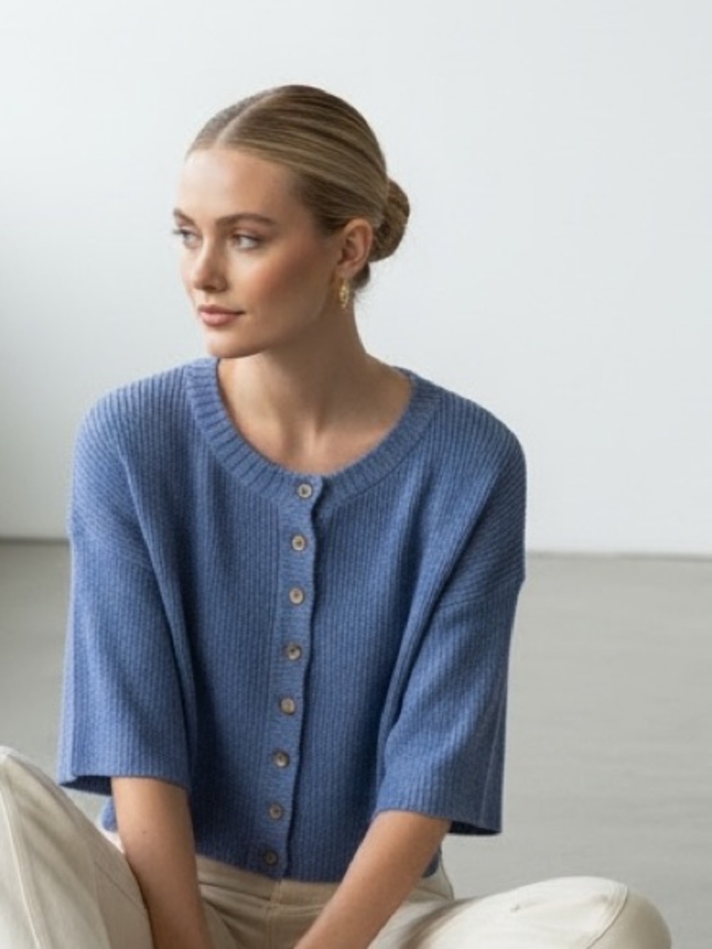 1454 • Cornflower Relaxed Fit 1/2 Sleeve Button Front Knit Cardigan